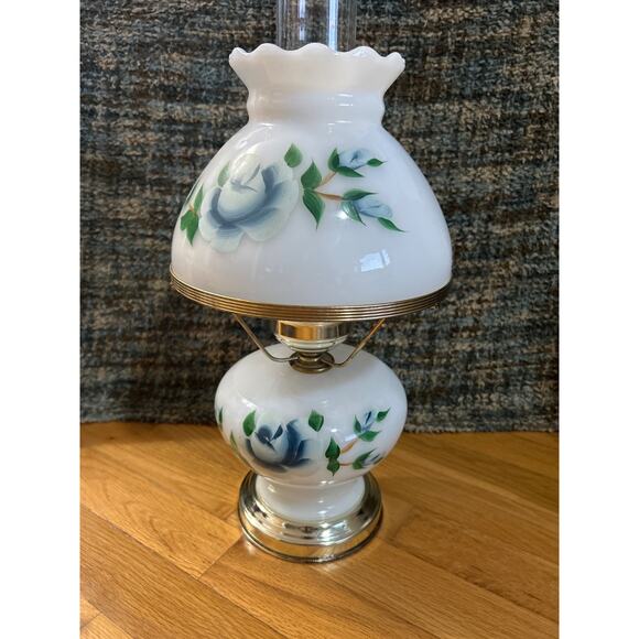 Vintage Gone With The Wind Milk Glass Hurricane Lamp Blue Roses Hand Painted 16” - Picture 3 of 9
